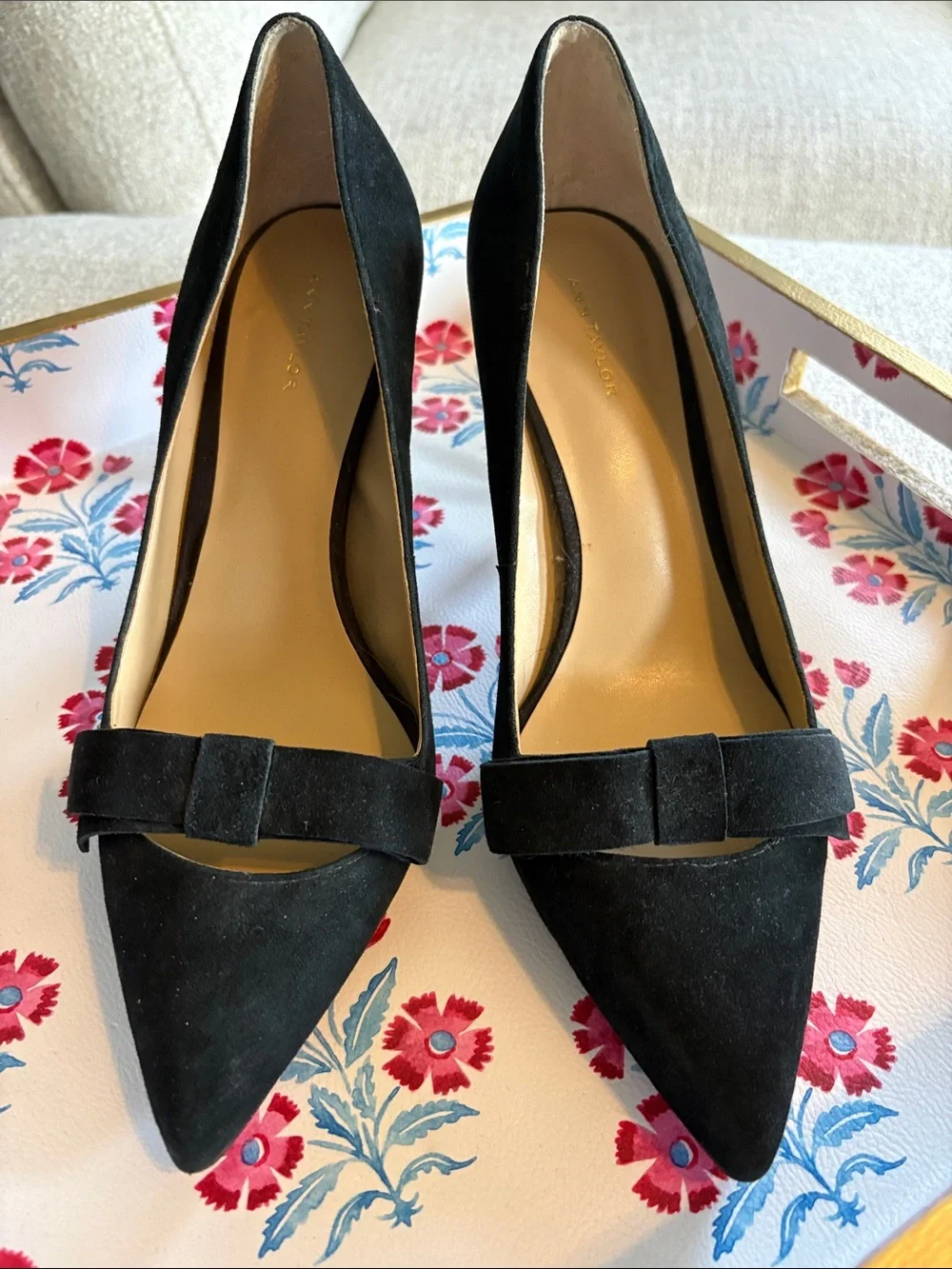 Ann Taylor Black Suede Pointed-Toe Bow Pumps